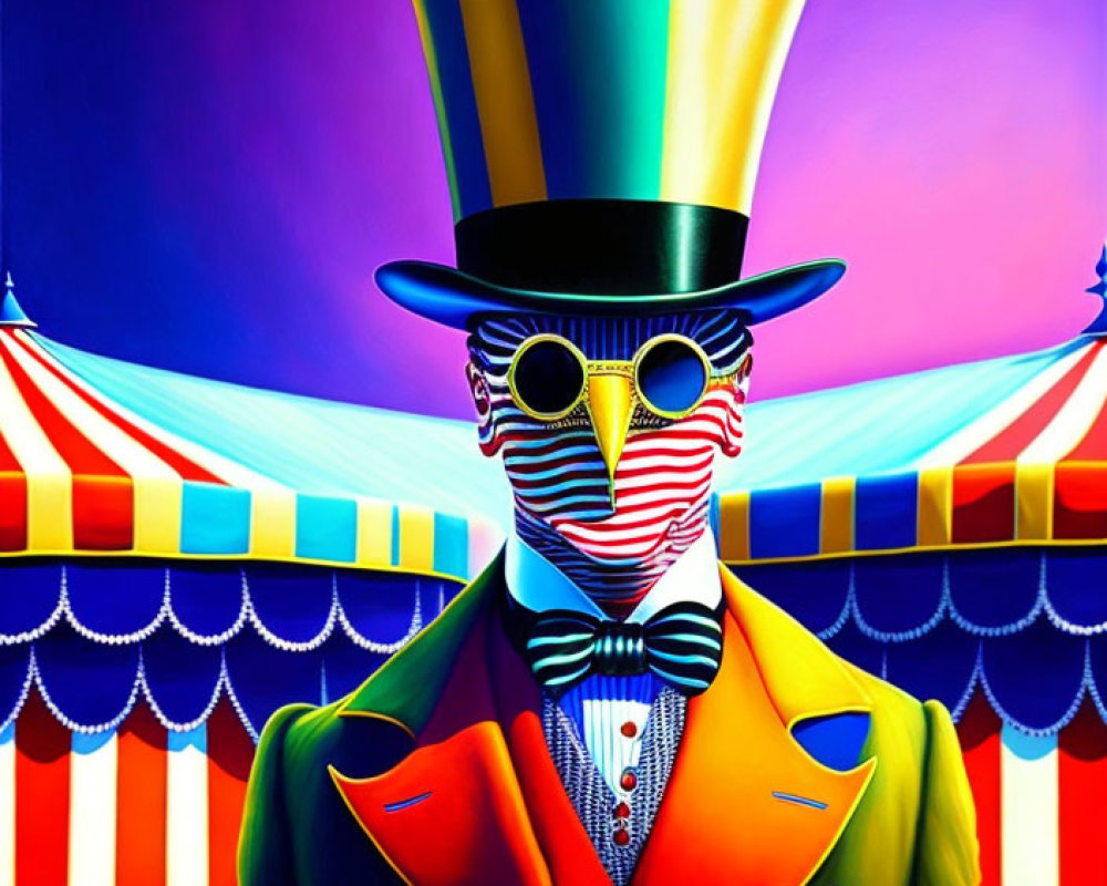 Colorful painting of figure in top hat and bowtie by circus tent