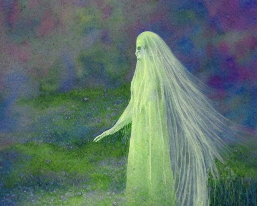 Spectral figure with long hair in misty landscape with greenery