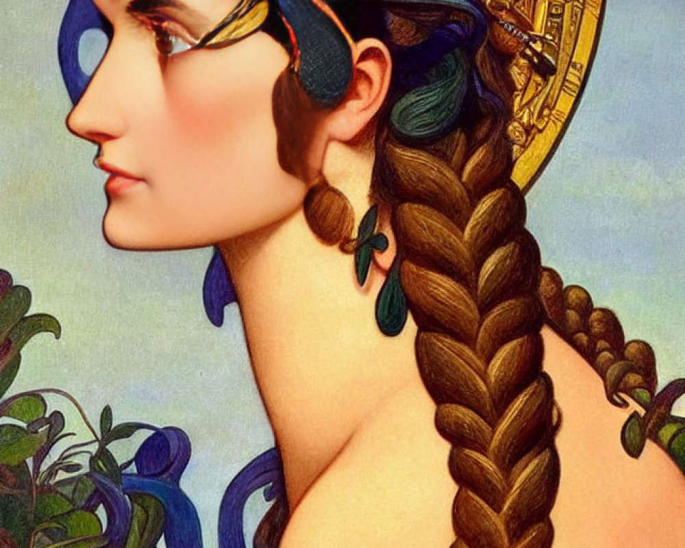 Art Nouveau style profile portrait of a woman with braided hair and decorative helmet.