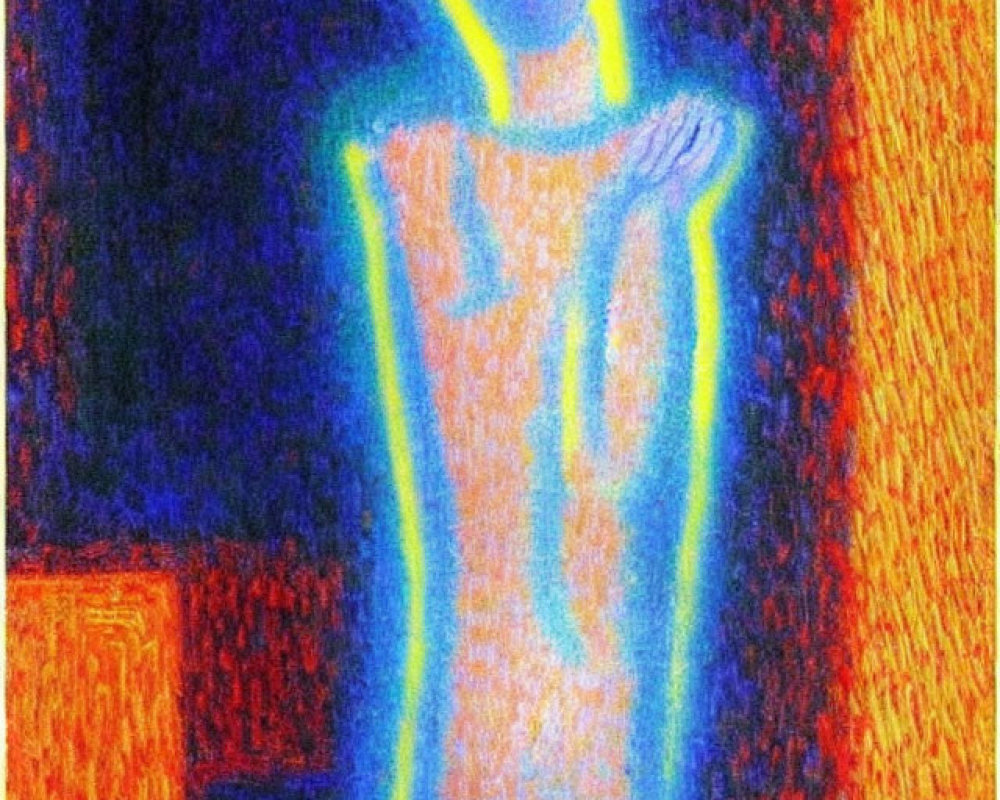 Glowing figure in blue and orange hues on textured background
