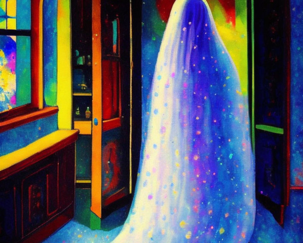 Colorful Painting of Ghost-Like Figure in Vibrant Room