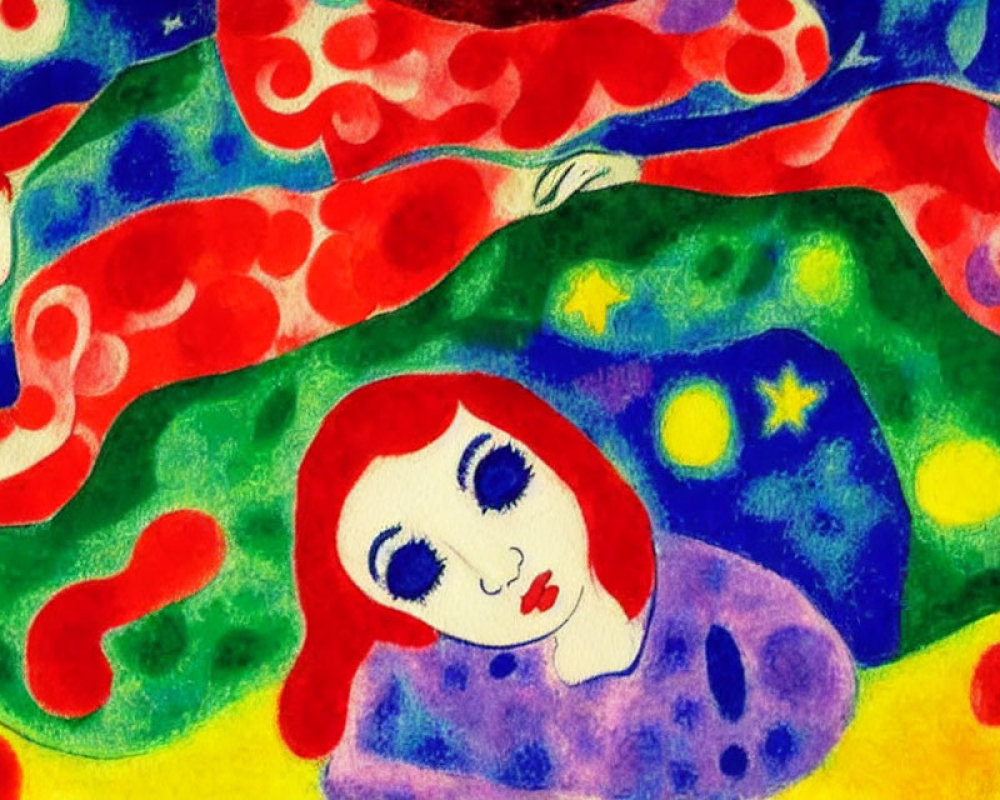 Vibrant Abstract Painting with Red-Haired Female Figure