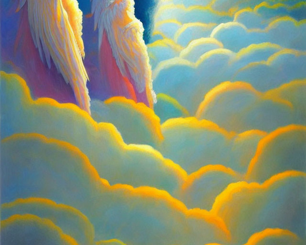 Golden-winged angelic figures on fluffy clouds under a bright sun