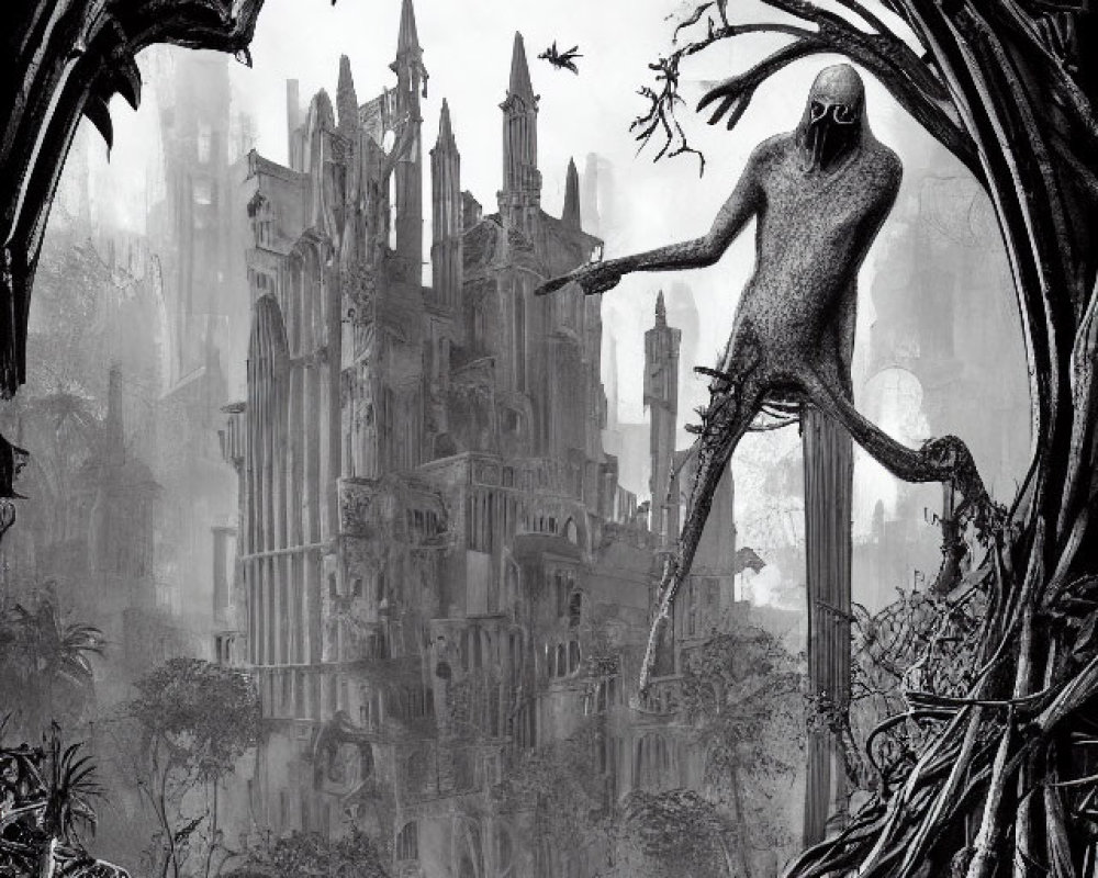 Monochrome gothic scene with spectral figure in desolate city