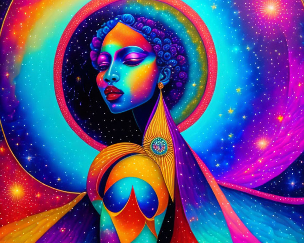 Colorful digital artwork: Woman with cosmic background & radiant halo