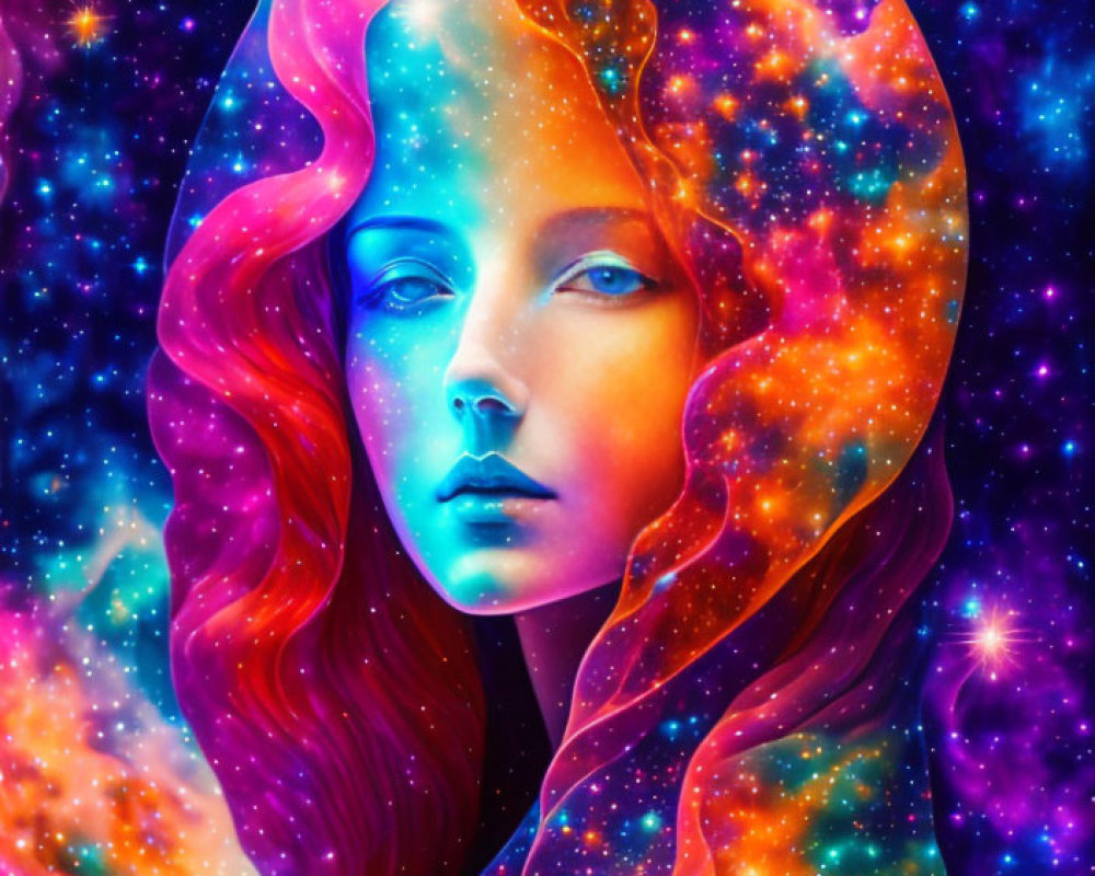 Colorful portrait of female figure with cosmic hair in starry space.