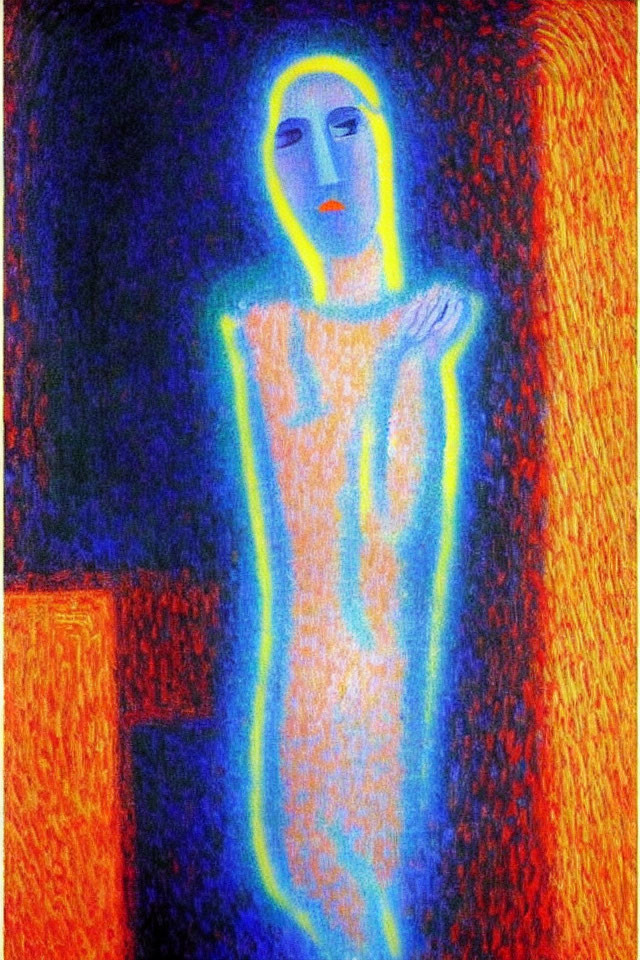 Glowing figure in blue and orange hues on textured background
