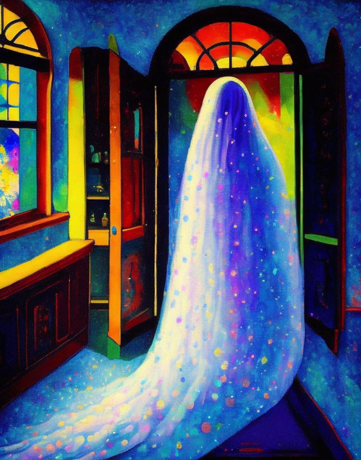 Colorful Painting of Ghost-Like Figure in Vibrant Room