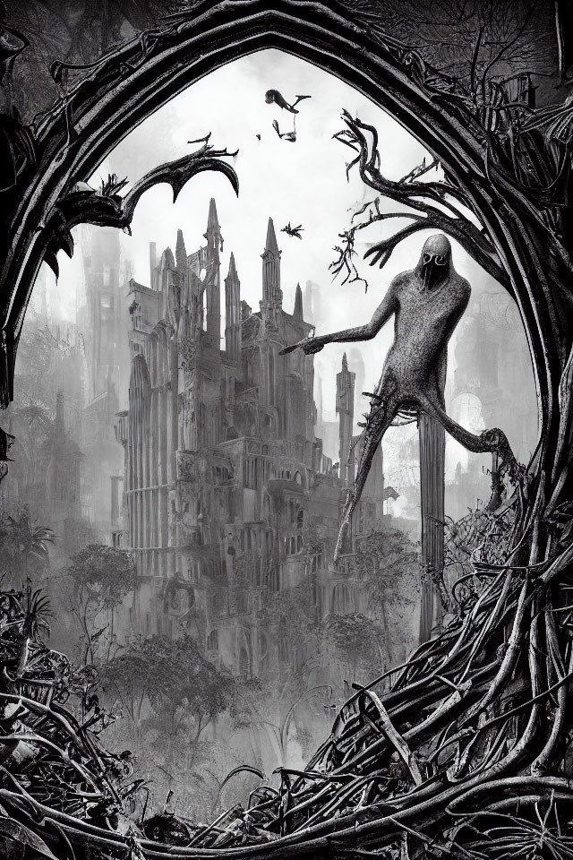 Monochrome gothic scene with spectral figure in desolate city