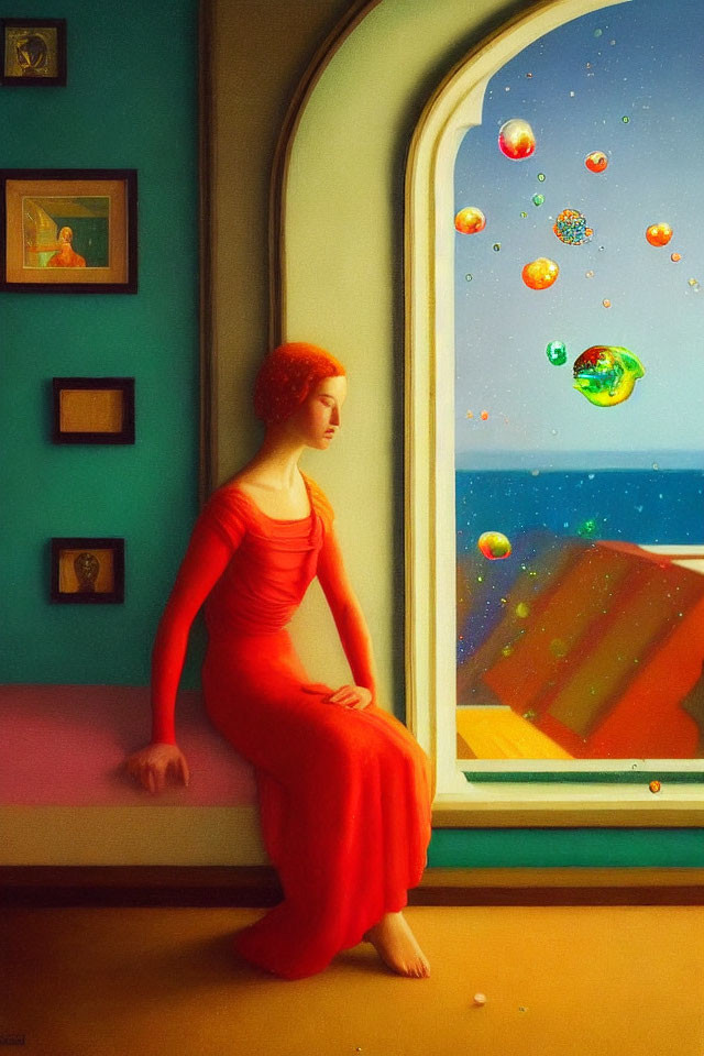 Woman in red dress by arched window with colorful bubbles and surreal seascape