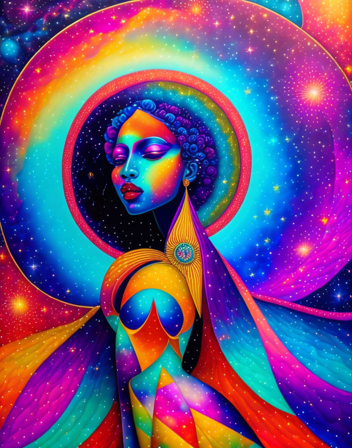 Colorful digital artwork: Woman with cosmic background & radiant halo