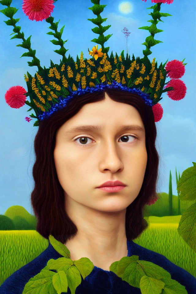 Surreal portrait of person with flower crown and integrated landscape