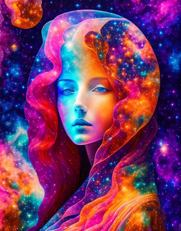 Colorful portrait of female figure with cosmic hair in starry space.