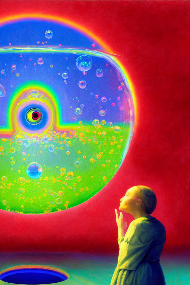 Child mesmerized by colorful bubble portal on red background
