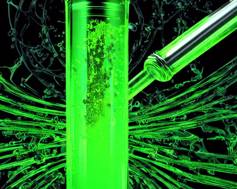 Green liquid poured into test tube against dark background with effervescent reaction.
