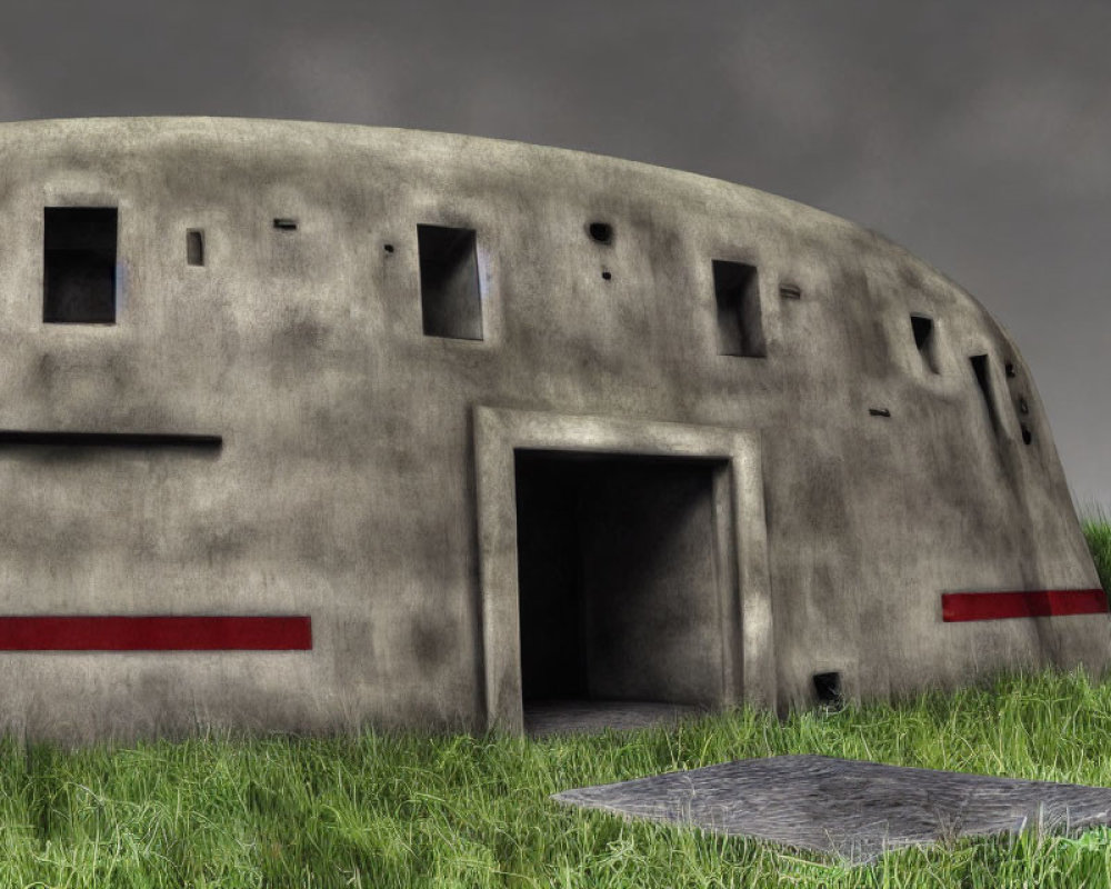 Curved concrete bunker with dark entrance under cloudy sky