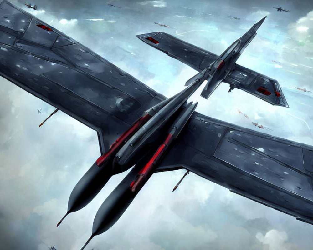Futuristic fighter jet with red detailing soaring above clouds
