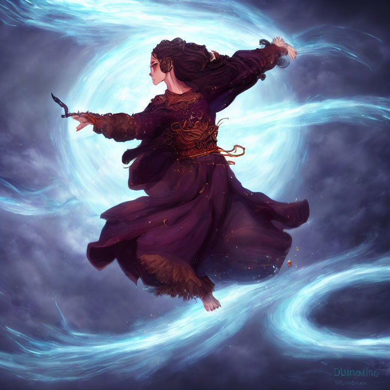 Floating mystical woman in flowing garments and hair with cosmic energy vortex and wand