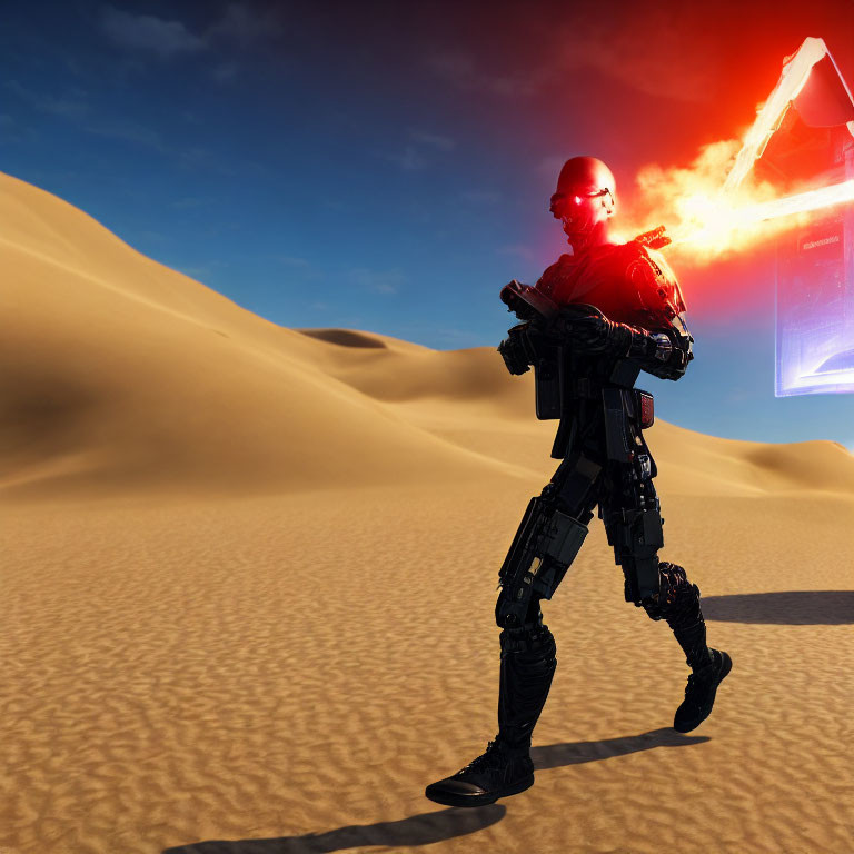Futuristic soldier in advanced armor with glowing red helmet visor in desert landscape