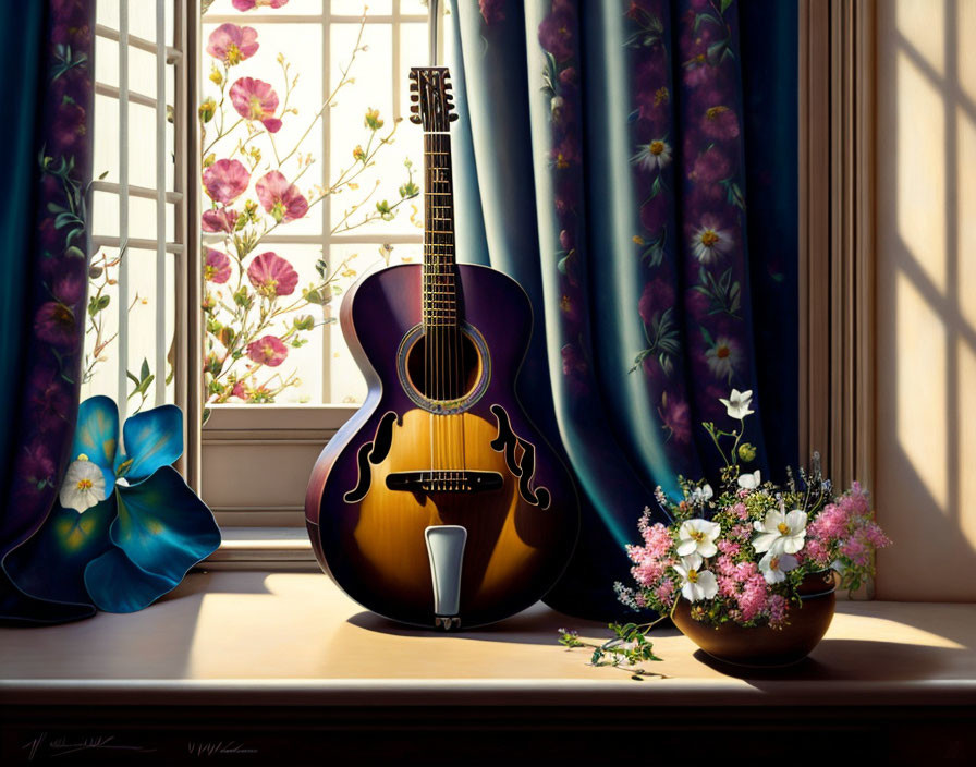 Guitar and flowers by the window