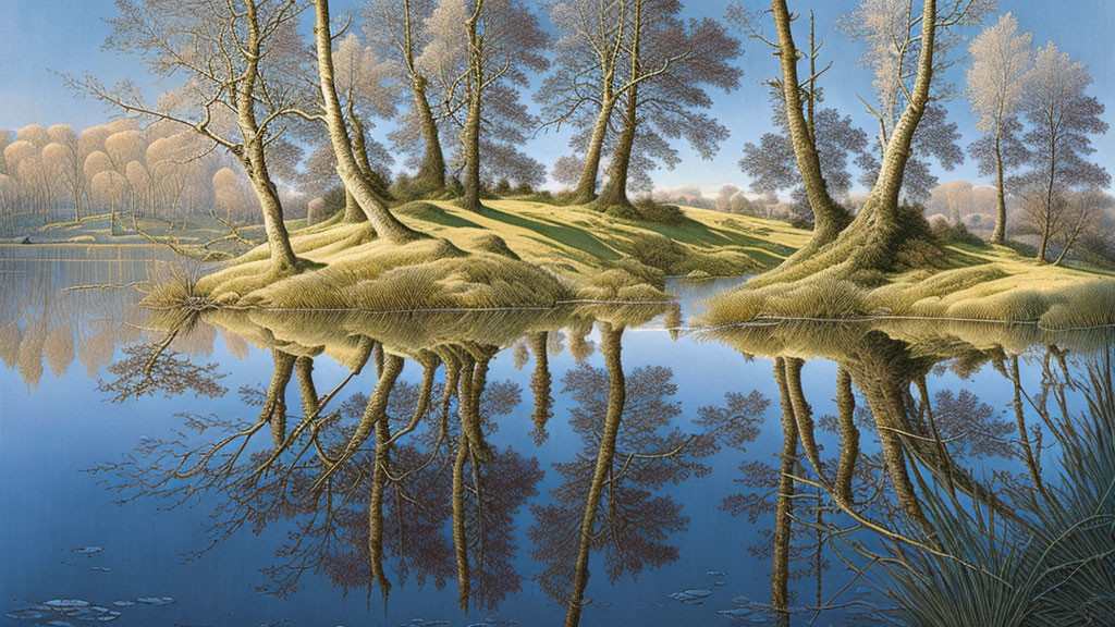 Tranquil lakeside scene with mirrored reflection of trees and grassy knolls
