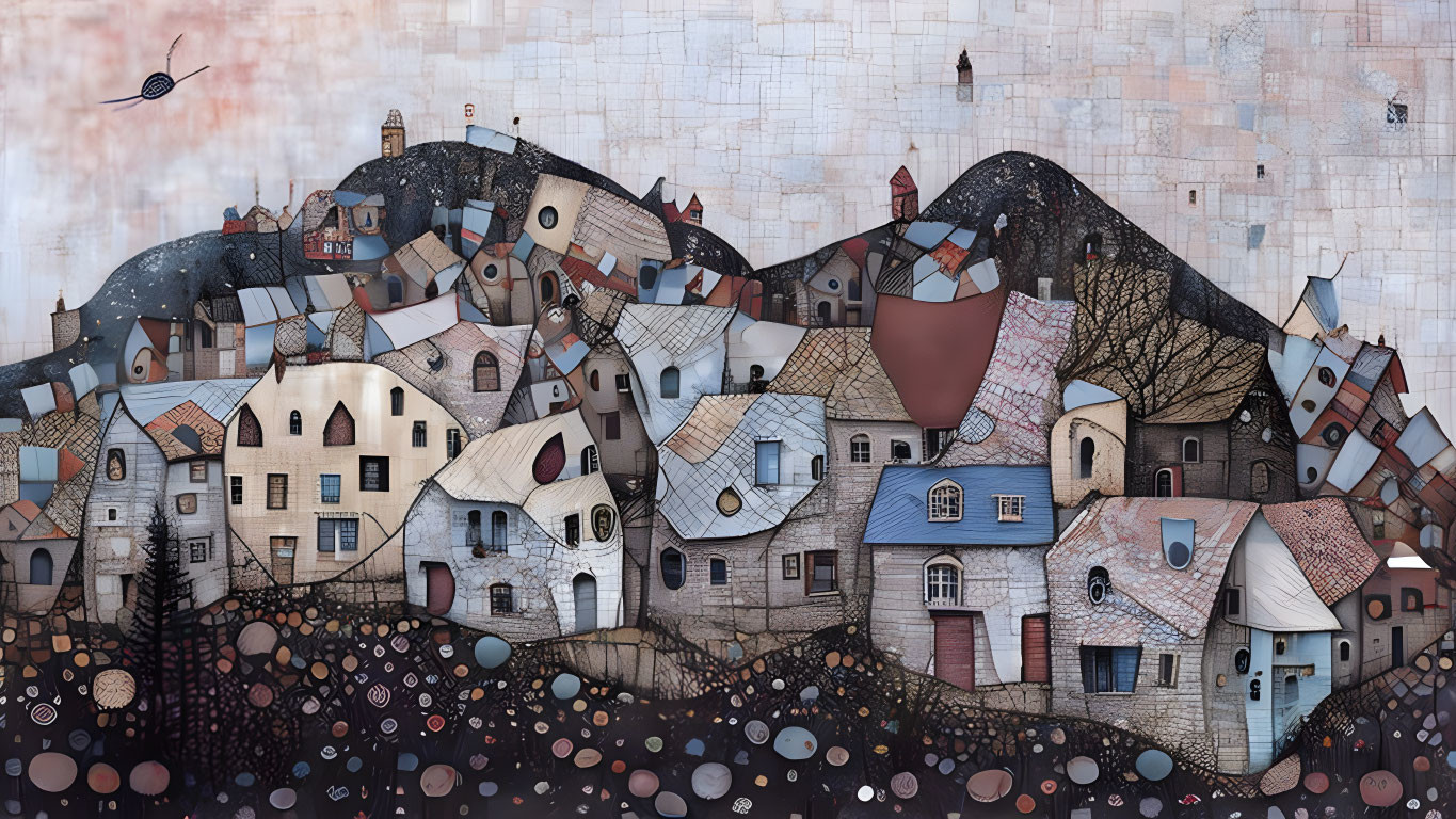Whimsical town illustration with stylized houses and flying quill