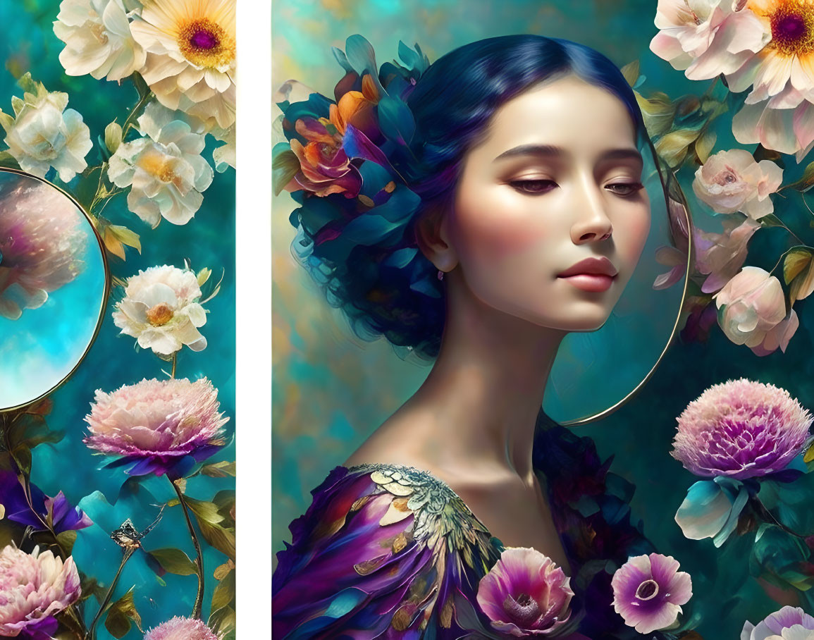 Colorful Surrealist Portrait of Woman with Floral and Feather Elements