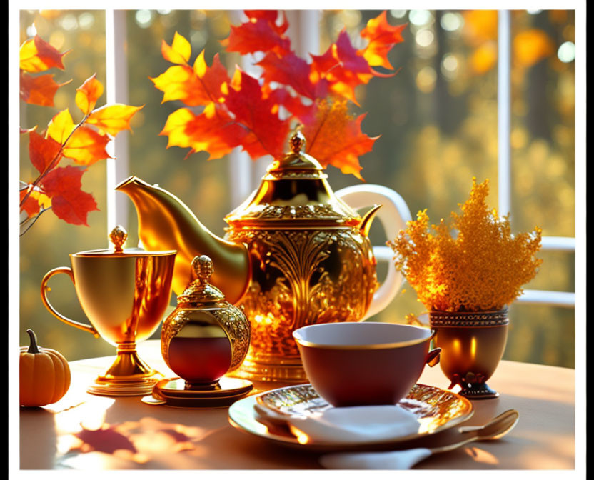 Golden autumn light. Table, tea, golden light. Aut