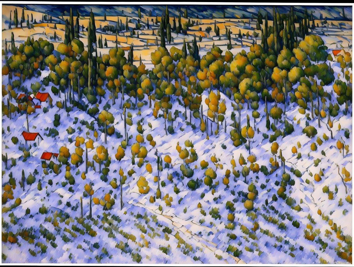 Winter Landscape Painting with Snow, Trees, and Red Structures