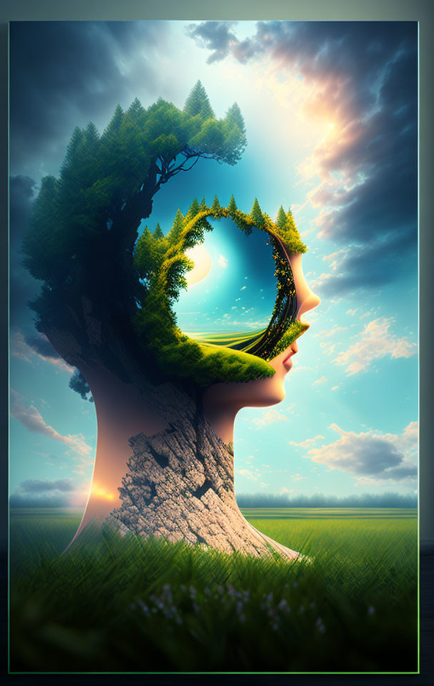 Human profile silhouette merged with a tree in artistic depiction