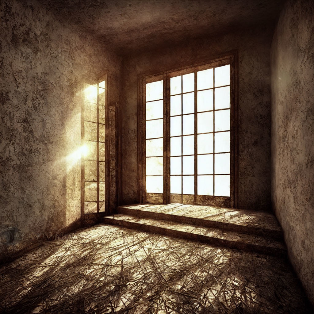Sunlit empty room with textured walls and large window.