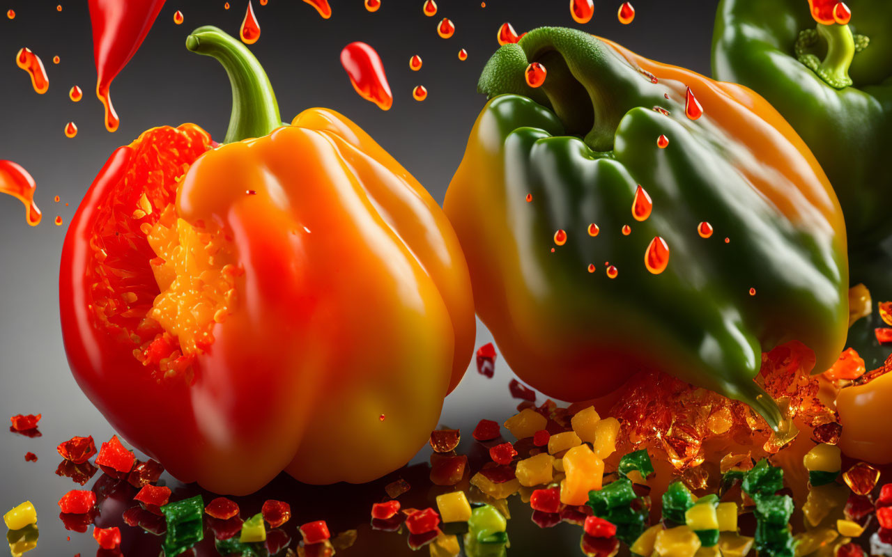 Vibrant chopped bell peppers in green, orange, and red hues