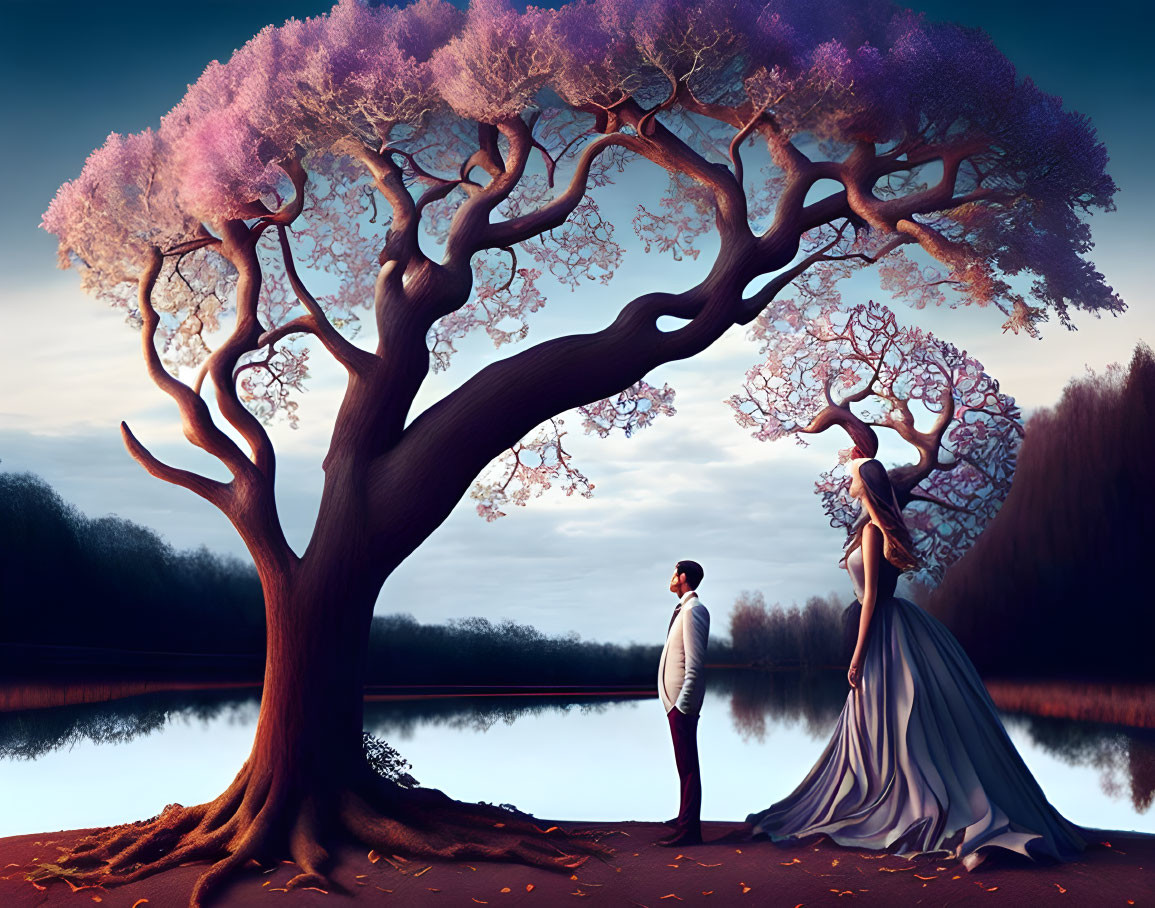 Man in suit and woman in gown by blooming trees near tranquil lake at dusk