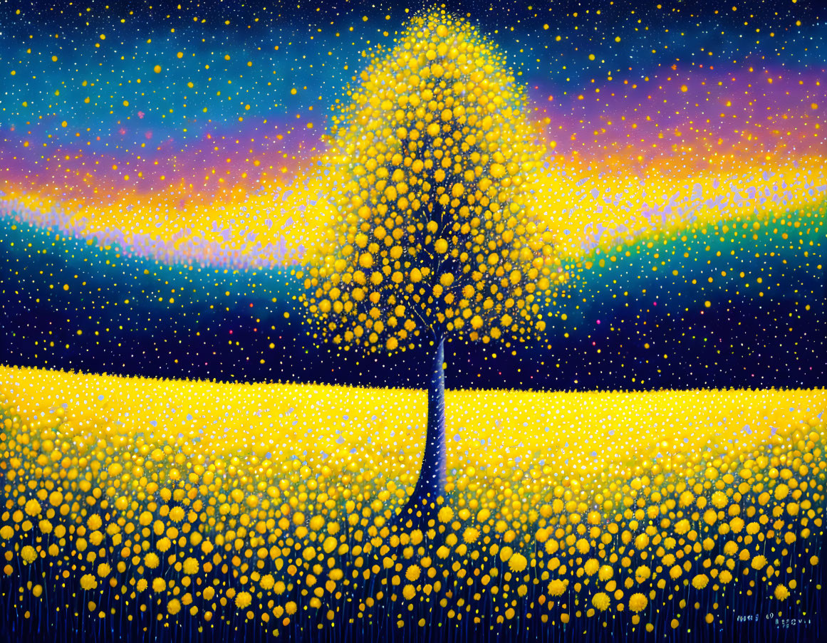 Colorful Painting: Solitary Tree in Field of Yellow Flowers at Sunset