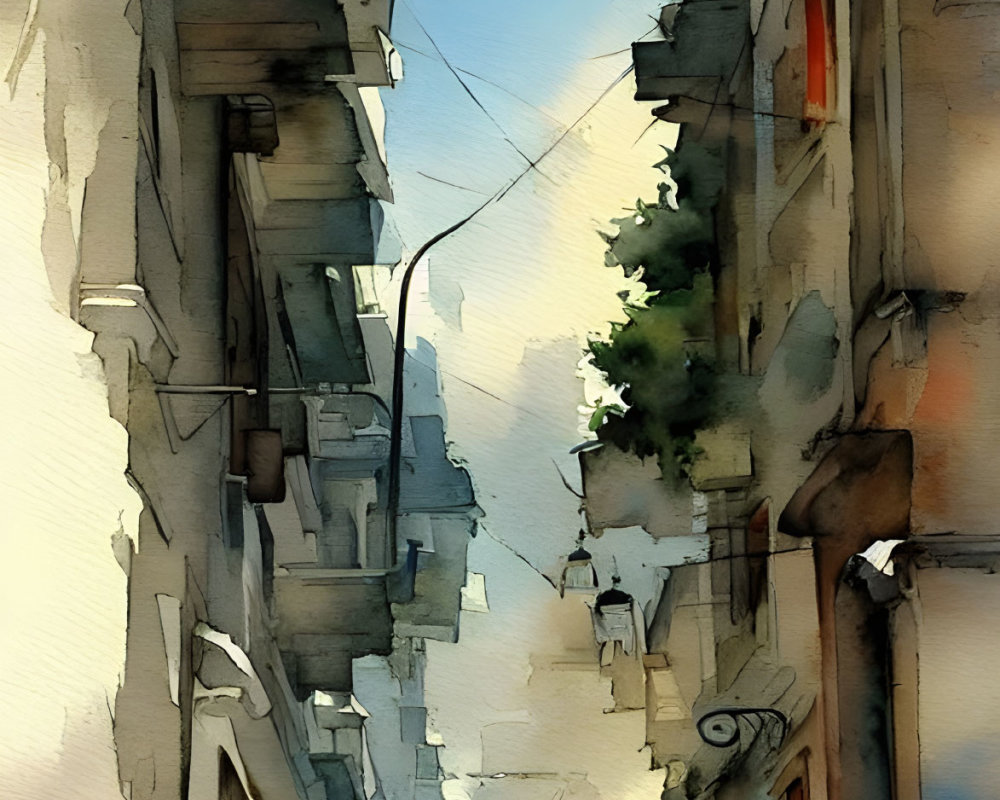 Sunlit narrow street watercolor painting with tall buildings and pedestrian.