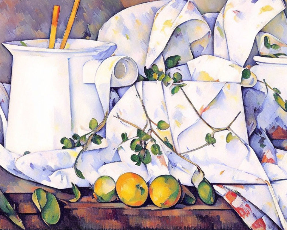Classic still-life painting with white jug, fruit bowl, patterned fabric, green foliage, and citrus