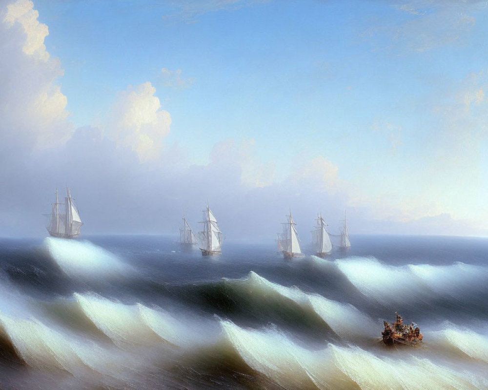 Four ships on rolling ocean waves under a partly cloudy sky.