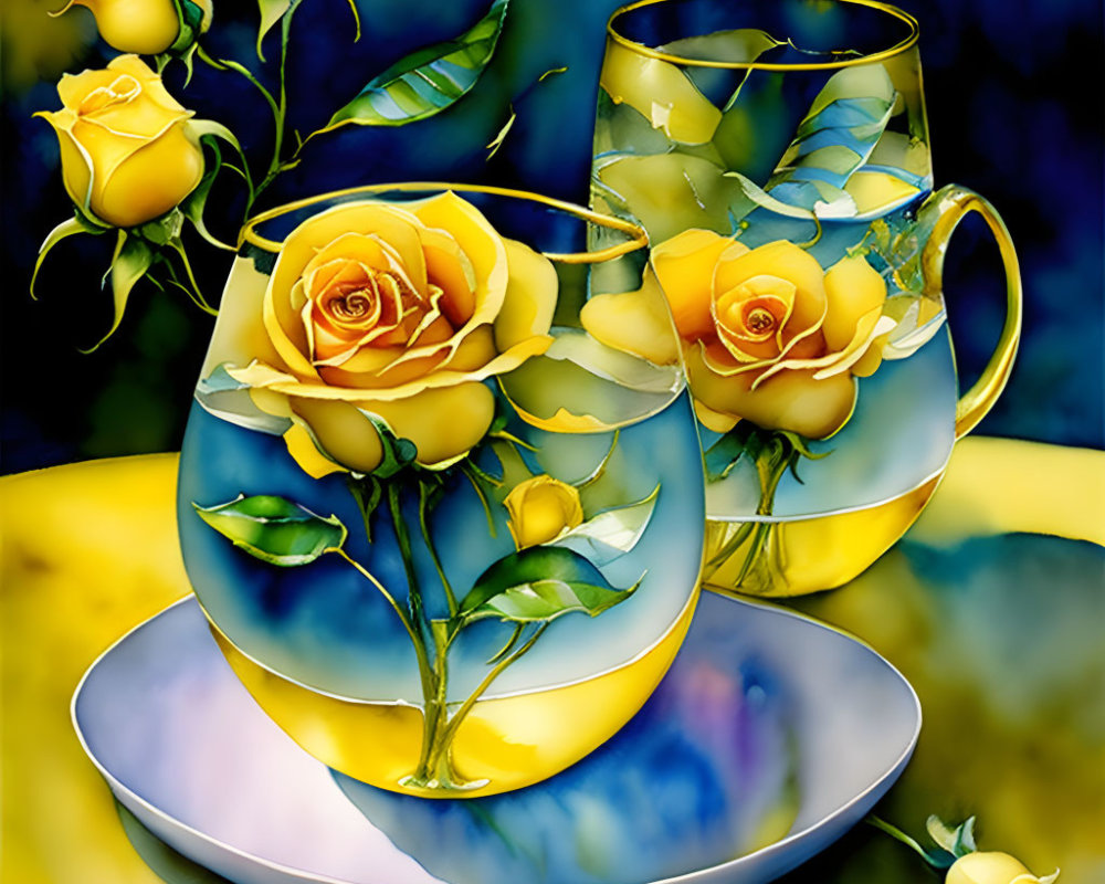 Yellow Roses Painting in Transparent Cup and Pitcher on Blue and Yellow Background