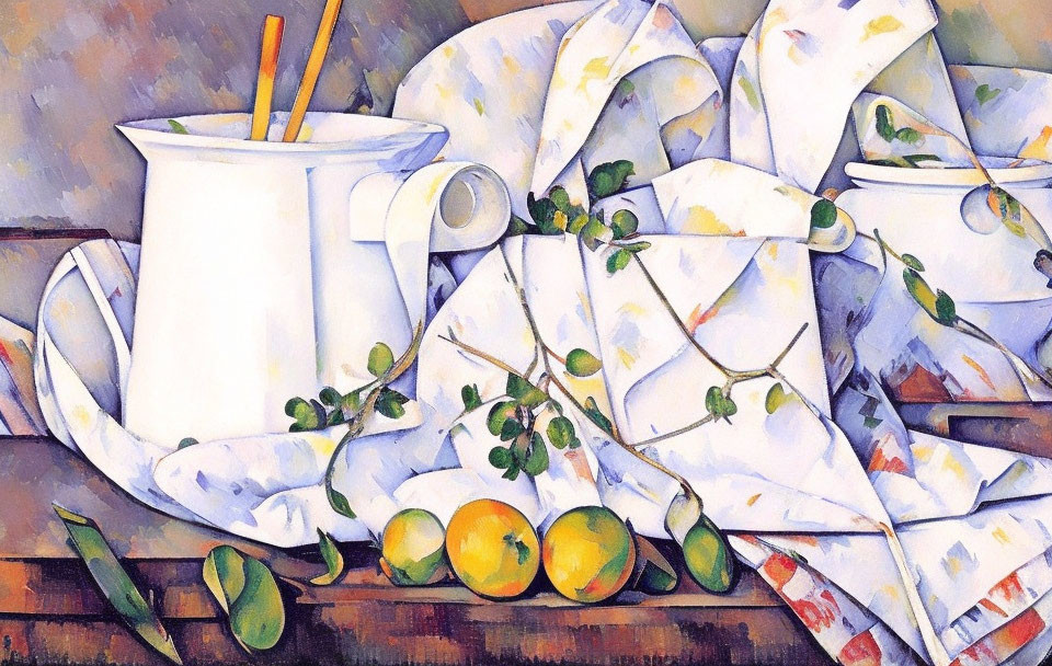 Classic still-life painting with white jug, fruit bowl, patterned fabric, green foliage, and citrus