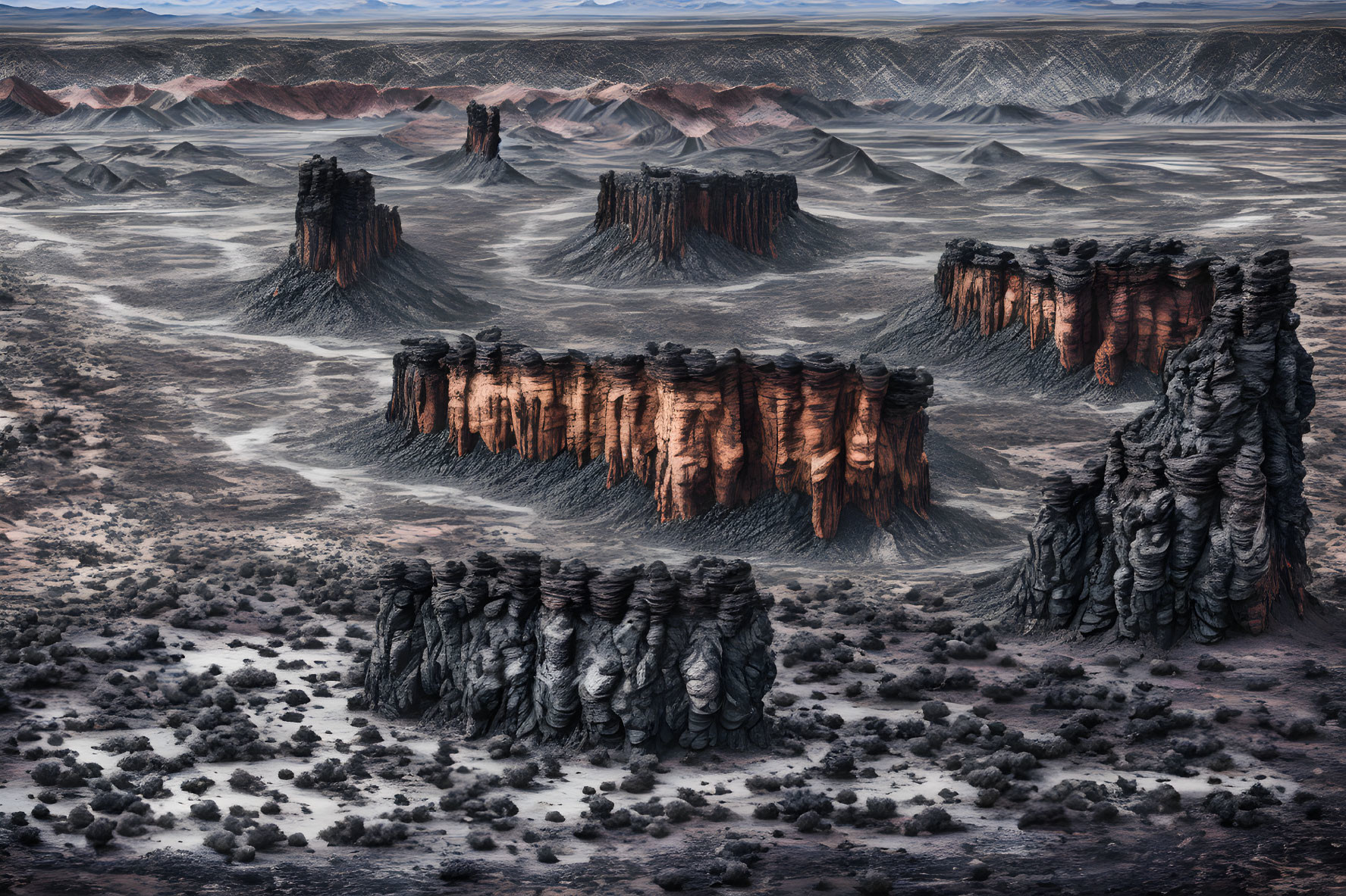 Rugged Landscape with Towering Rock Formations in Desert Valley