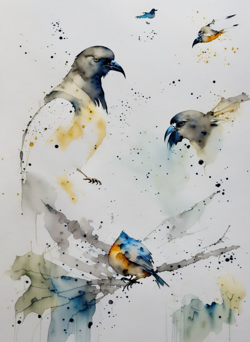 Stylized bird watercolor painting with ink splatter effects