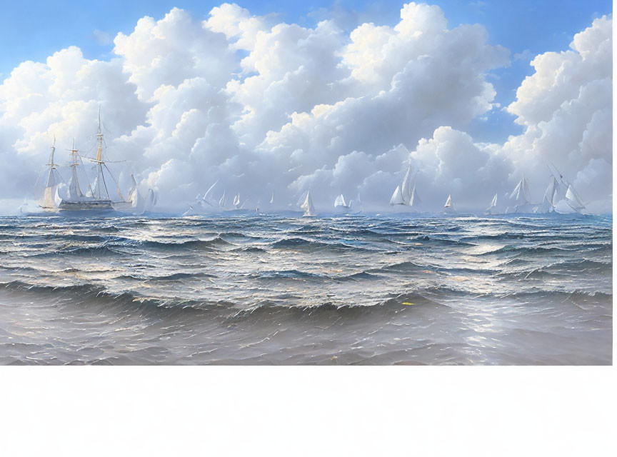 Sailboats racing on choppy sea under billowing clouds