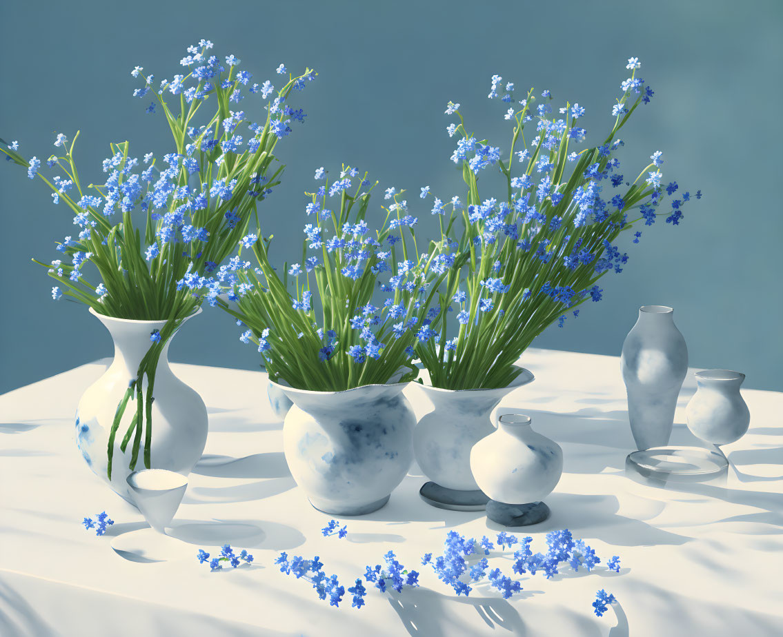 Blue Flowers in White Vases on Table with Petals and Empty Vases