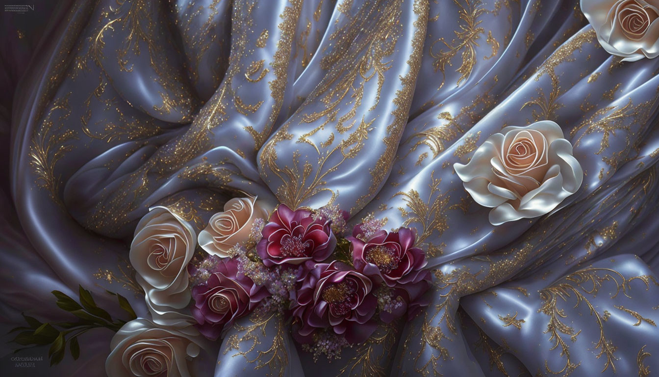 Digital art: Blue satin fabric with gold accents & realistic pink roses
