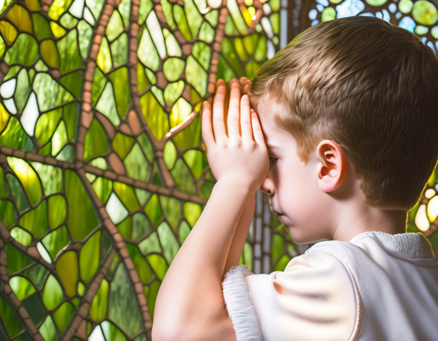 Young boy in white shirt gazes thoughtfully by stained glass window