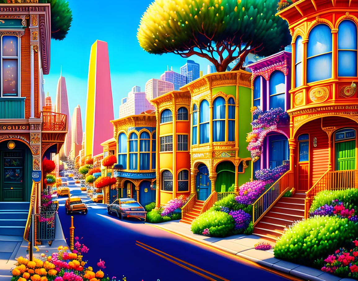 Vibrant Victorian houses on steep street with flowers and skyscrapers in background