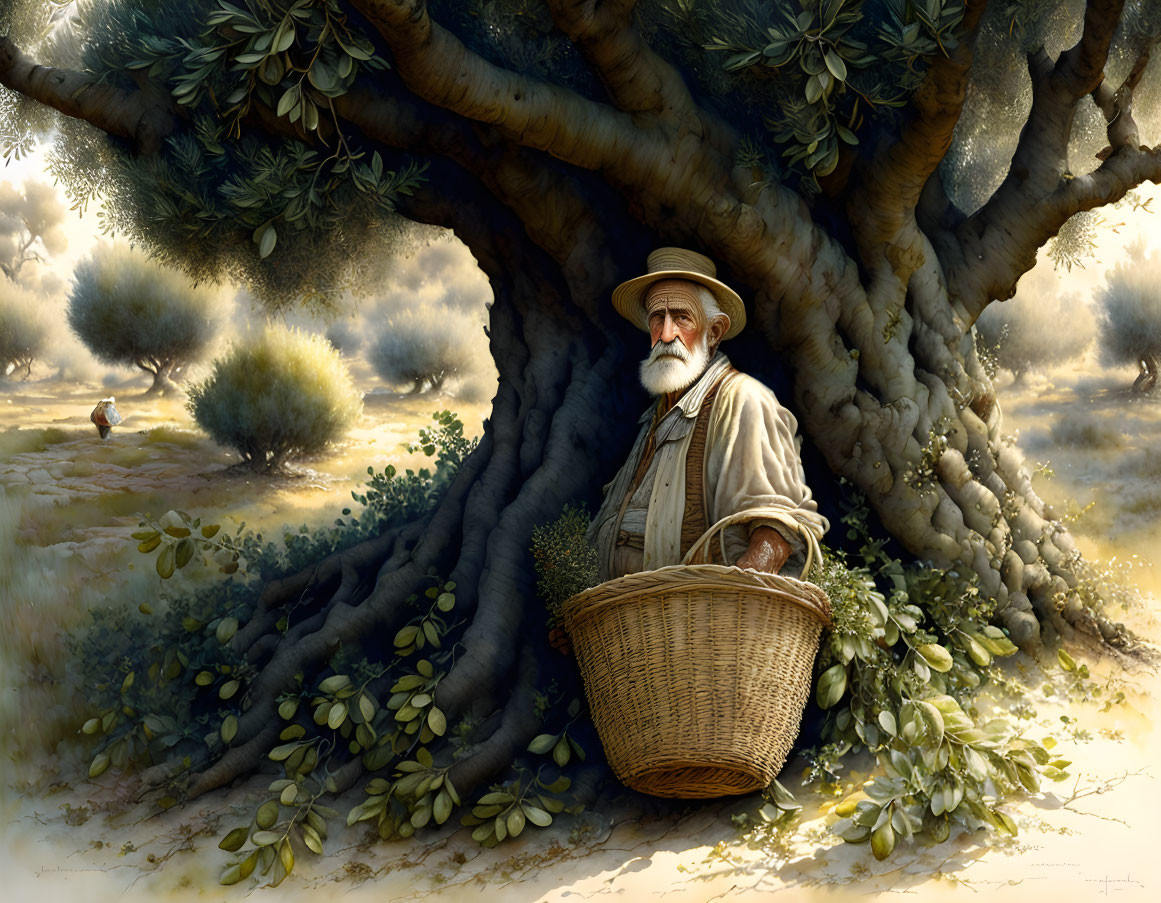 Elderly man with white beard under tree with woven basket in serene landscape