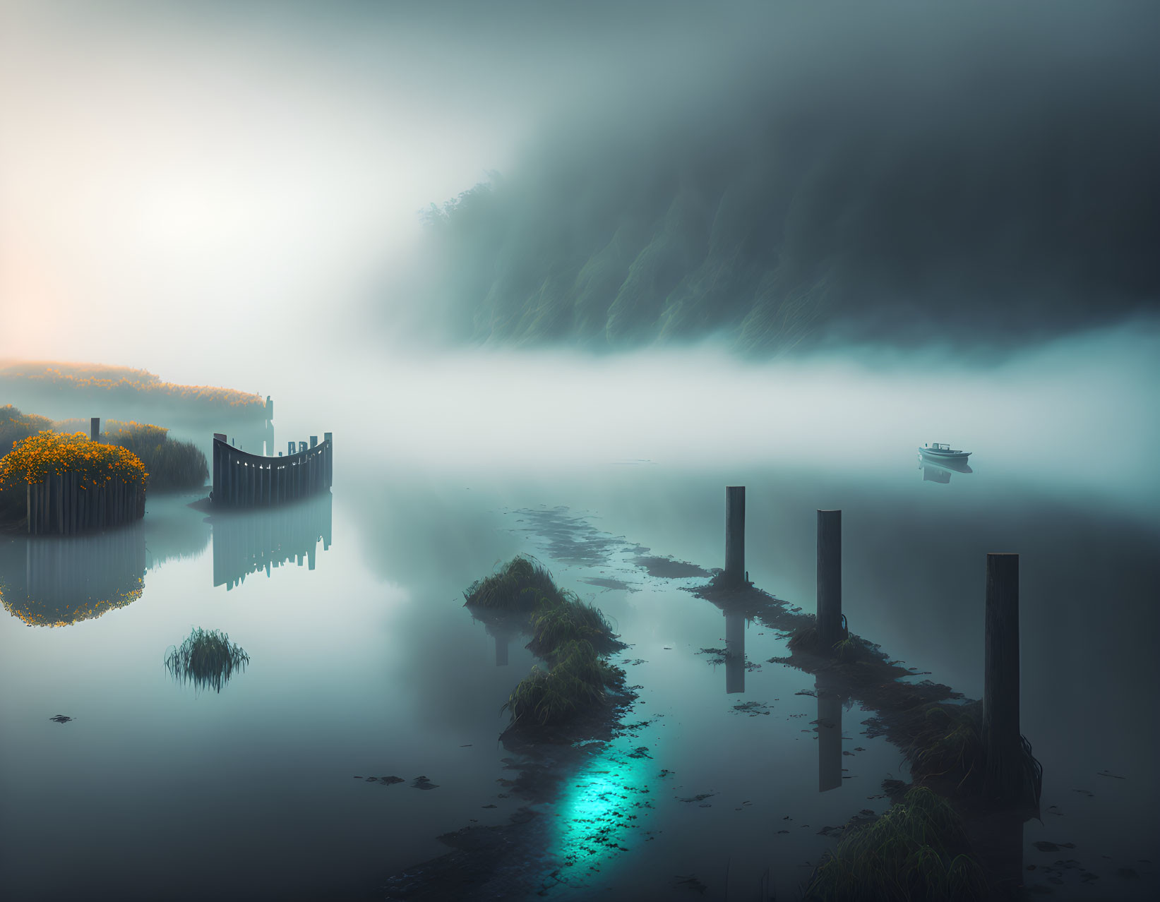 Foggy landscape with boat, dock, and lush greenery