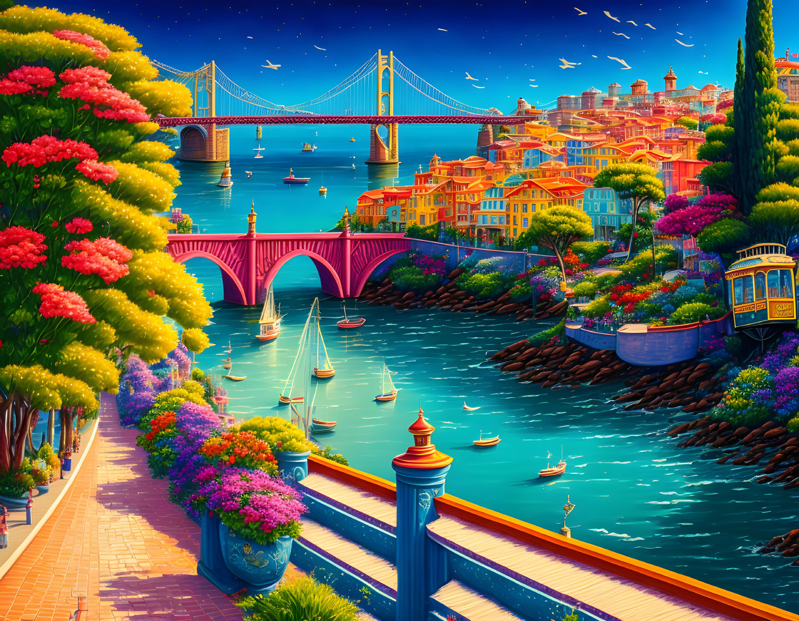 Colorful coastal scene with promenade, bridges, cable car, boats, and cityscape at dusk