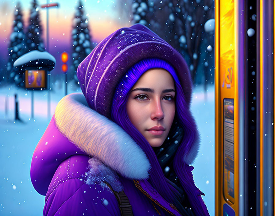 Woman in Purple Winter Jacket at Snowy Bus Stop